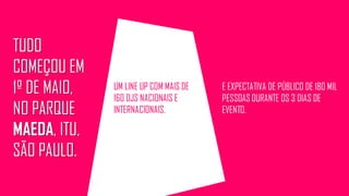 TUDO
COMEÇOU EM
1º DE MAIO,
NO PARQUE
MAEDA, ITU,
SÃO PAULO.
UM LINE UP COM MAIS DE
160 DJS NACIONAIS E
INTERNACIONAIS.
E EXPECTATIVA DE PÚBLICO DE 180 MIL
PESSOAS DURANTE OS 3 DIAS DE
EVENTO. 1, 2 e 3 de Maio de 2015
 
