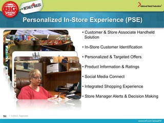 Personalized In-Store Experience (PSE)
                                   • Customer & Store Associate Handheld
                                     Solution

                                   • In-Store Customer Identification

                                   • Personalized & Targeted Offers

                                   • Product Information & Ratings

                                   • Social Media Connect

                                   • Integrated Shopping Experience

                                   • Store Manager Alerts & Decision Making



51   | ©2012, Cognizant
 