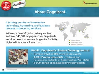 About Cognizant

     A leading provider of information
     technology, consulting, and business
     process outsourcing services.
     With more than 50 global delivery centers
     and over 140,000 employees*, we help clients
     transform vcore processes for greater flexibility,
     higher efficiency and lower costs.


                             Retail: Cognizant‟s Fastest Growing Vertical:
                             • Revenue growth of 70% y-o-y for last 3 years
                             • 9,000+ Practice specialists - Technical and
                               Functional consultants for Retail Practice; 700+ Retail
                               & SCM domain specialists led by industry experts

53   | ©2012, Cognizant
 