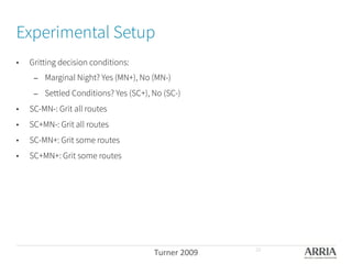 Experimental Setup
•  Gritting decision conditions:
–  Marginal Night? Yes (MN+), No (MN-) 
–  Settled Conditions? Yes (SC+), No (SC-) 
•  SC-MN-: Grit all routes
•  SC+MN-: Grit all routes
•  SC-MN+: Grit some routes 
•  SC+MN+: Grit some routes 
Turner	
  2009	
   23
 