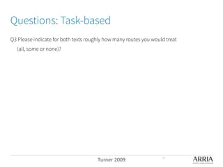 Questions: Task-based
Q3 Please indicate for both texts roughly how many routes you would treat 
(all, some or none)?
Turner	
  2009	
   26
 