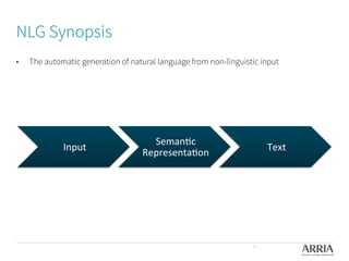 NLG Synopsis

•  The automatic generation of natural language from non-linguistic input
6
Input	
  
Seman+c	
  
Representa+on	
  
Text	
  
 