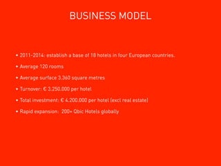 BUSINESS MODEL


• 2011-2014: establish a base of 18 hotels in four European countries.

• Average 120 rooms

• Average surface 3.360 square metres

• Turnover: € 3.250.000 per hotel

• Total investment: € 4.200.000 per hotel (excl real estate)

• Rapid expansion: 200+ Qbic Hotels globally
 
