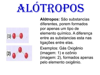 Alótropos
Alótropos: São substancias
diferentes, porem formados
por apenas um tipo de
elemento químico. A diferença
entre as substancias esta nas
ligações entre elas.
Exemplos: Gás Oxigênio
(imagem: 1) e ozônio
(imagem: 2), formados apenas
pelo elemento oxigênio.
 