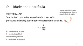 Dualidade onda-partícula
de Broglie, 1924
Se a luz tem comportamento de onda e partícula,
partículas (elétrons) podem ter comportamento de onda.
λ =
ℎ
𝑚𝑢
λ = comprimento de onda
h = constante de Plank
m = massa da partícula
u = velocidade da partícula
Elétron: onda estacionária
O comprimento se ajusta à
circunferência da órbita
16
 