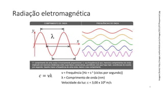 Radiação eletromagnética
ν = Frequência [Hz = s-1 (ciclos por segundo)]
λ = Comprimento de onda (nm)
Velocidade da luz: c = 3,00 x 108 m/s
𝑐 = νλ
Imagem(fonte):http://images.melhortvlcd.com.br/images/2011/07/frequencia1.jpg
8
 
