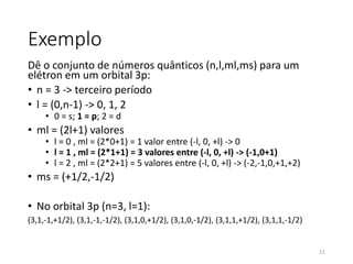 Exemplo
Dê o conjunto de números quânticos (n,l,ml,ms) para um
elétron em um orbital 3p:
• n = 3 -> terceiro período
• l = (0,n-1) -> 0, 1, 2
• 0 = s; 1 = p; 2 = d
• ml = (2l+1) valores
• l = 0 , ml = (2*0+1) = 1 valor entre (-l, 0, +l) -> 0
• l = 1 , ml = (2*1+1) = 3 valores entre (-l, 0, +l) -> (-1,0+1)
• l = 2 , ml = (2*2+1) = 5 valores entre (-l, 0, +l) -> (-2,-1,0,+1,+2)
• ms = (+1/2,-1/2)
• No orbital 3p (n=3, l=1):
(3,1,-1,+1/2), (3,1,-1,-1/2), (3,1,0,+1/2), (3,1,0,-1/2), (3,1,1,+1/2), (3,1,1,-1/2)
11
 