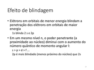 Efeito de blindagem
• Elétrons em orbitais de menor energia blindam a
penetração dos elétrons em orbitais de maior
energia
1s blinda 2 s e 2p
• Em um mesmo nível n, o poder penetrante (a
proximidade ao núcleo) diminui com o aumento do
número quântico de momento angular l:
s > p > d > f ...
2p é mais blindado (menos próximo do núcleo) que 2s
17
 