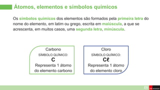 Átomos, elementos e símbolos químicos
Os símbolos químicos dos elementos são formados pela primeira letra do
nome do elemento, em latim ou grego, escrita em maiúscula, a que se
acrescenta, em muitos casos, uma segunda letra, minúscula.
Carbono
SÍMBOLO QUÍMICO:
C
Representa 1 átomo
do elemento carbono
Cloro
SÍMBOLO QUÍMICO:
Cℓ
Representa 1 átomo
do elemento cloro
 