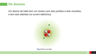 Os átomos
Um átomo de hélio tem um núcleo com dois protões e dois neutrões,
e tem dois eletrões na nuvem eletrónica.
Fig.2 Átomo de hélio.
 