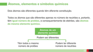 Átomos, elementos e símbolos químicos
Dois átomos são diferentes quando têm diferente constituição.
Todos os átomos que são diferentes apenas no número de neutrões e, portanto,
têm igual número de protões, e consequentemente de eletrões, são átomos
do mesmo elemento químico.
Átomos de um
elemento químico
Têm todos o mesmo
número de protões
Podem ser diferentes
Podem ter diferente
número de neutrões
 