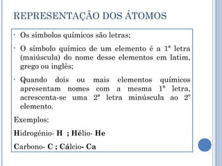 REPRESENTAÇÃO DOS ÁTOMOS
•
Os símbolos químicos são letras;
•
O símbolo químico de um elemento é a 1ª letra
(maiúscula) do nome desse elementos em latim,
grego ou inglês;
•
Quando dois ou mais elementos químicos
apresentam nomes com a mesma 1ª letra,
acrescenta-se uma 2ª letra minúscula ao 2º
elemento.
Exemplos:
Hidrogénio- H ; Hélio- He
Carbono- C ; Cálcio- Ca