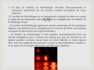  Si bien el modelo de Schrödinger describe adecuadamente la 
estructura electrónica de los átomos, resulta incompleto en otros 
aspectos: 
_El modelo de Schrödinger en su  
formulación original no tiene en cuenta 
el espín de los electrones, esta deficiencia es corregida por el modelo de 
Schrödinger-Pauli. 
_ El modelo de Schrödinger ignora los efectos relativistas de los electrones 
rápidos, esta deficiencia es corregida por la ecuación de Dirac que además 
incorpora la descripción del espín electrónico. 
_ El modelo de Schrödinger si bien predice razonablemente bien los 
niveles energéticos, por sí mismo no explica por qué un electrón en un 
estado cuántico excitado decae hacia un nivel inferior si existe alguno 
libre. Esto fue explicado por primera vez por la electrodinámica cuántica y 
es un efecto de la energía del punto cero del vacío cuántico. 
 