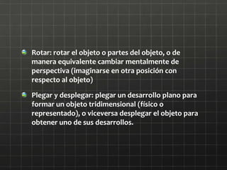 Rotar: rotar el objeto o partes del objeto, o de
manera equivalente cambiar mentalmente de
perspectiva (imaginarse en otra posición con
respecto al objeto)
Plegar y desplegar: plegar un desarrollo plano para
formar un objeto tridimensional (físico o
representado), o viceversa desplegar el objeto para
obtener uno de sus desarrollos.
 