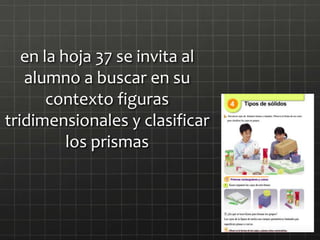 en la hoja 37 se invita al
alumno a buscar en su
contexto figuras
tridimensionales y clasificar
los prismas
 