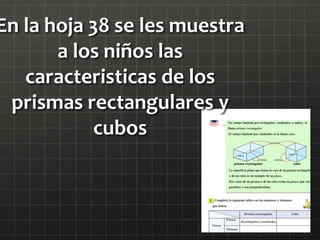 En la hoja 38 se les muestra
a los niños las
caracteristicas de los
prismas rectangulares y
cubos
 