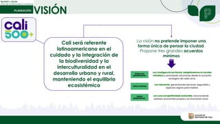 VISIÓN
Revisión y Ajuste
Plan de Ordenamiento Territorial
Cali será referente
latinoamericano en el
cuidado y la integración de
la biodiversidad y la
interculturalidad en el
desarrollo urbano y rural,
manteniendo el equilibrio
ecosistémico
La visión no pretende imponer una
forma única de pensar la ciudad.
Propone tres grandes acuerdos
mínimos
 