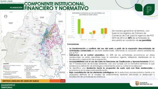 COMPONENTE INSTITUCIONAL,
Revisión y Ajuste
Plan de Ordenamiento Territorial
DIAGNÓSTICO
TERRITORIAL
FINANCIERO Y NORMATIVO
De manera general en el territorio, con
base en los registros de Cámara de
Comercio de Cali, para la vigencia del POT
0373 de 2014 un 40% de actividades se
encuentra en condición de no permitido
Conclusiones
• La transformación y conflicto del uso del suelo a partir de la expansión descontrolada de
actividades comerciales en sectores residenciales, afectando la vocación urbana establecida
por el POT.
• Deficiencia en el control urbanístico. Un 40% de las actividades económicas en áreas
residenciales no están permitidas bajo la normativa vigente, reflejando debilidades en la
fiscalización y aplicación de la regulación.
• Incompatibilidad con el uso del suelo en Estaciones de Clasificación y Aprovechamiento (ECA):
De 77 instalaciones de reciclaje existentes, solo una cumple con la normativa territorial, lo que
evidencia la definición de estrategias y lineamientos para su correcta localización.
• Se identifica una tendencia hacia la ocupación de suelo rural con fines residenciales y
económicos sin la adecuada planificación.
• Baja consolidación de los elementos estratégicos de la estructura socioeconómica frente a la
propuesta definida en el modelo de ordenamiento territorial afectando la distribución y
localización de actividades económicas.
 