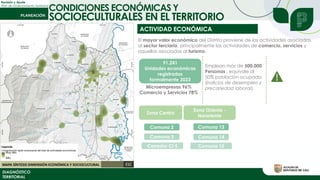 Revisión y Ajuste
Plan de Ordenamiento Territorial
DIAGNÓSTICO
TERRITORIAL
CONDICIONES ECONÓMICAS Y
SOCIOECULTURALES EN EL TERRITORIO
ACTIVIDAD ECONÓMICA
El mayor valor económico del Distrito proviene de las actividades asociadas
al sector terciario, principalmente las actividades de comercio, servicios y
aquellas asociadas al turismo.
91.241
Unidades económicas
registradas
formalmente 2023
Zona Oriente -
Nororiente
Microempresas 96%
Comercio y Servicios 78%
Emplean más de 500.000
Personas , equivale al
50% población ocupada
(indicios de desempleo y
precariedad laboral).
Zona Centro
Comuna 2
Comuna 3
Corredor Cl 5
Comuna 13
Comuna 14
Comuna 15
 