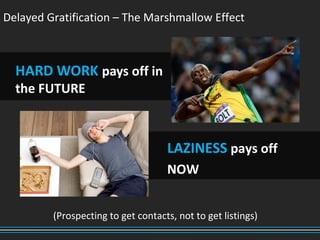 Delayed Gratification – The Marshmallow Effect
HARD WORK pays off in
the FUTURE
LAZINESS pays off
NOW
(Prospecting to get contacts, not to get listings)
 