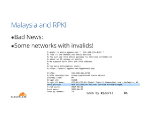 Malaysia and RPKI
●Bad News:
●Some networks with invalids!
Seen by #peers: 86
 