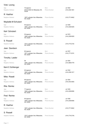 Vicki Loving
Age: 70 (approx) Born Jul 1952
Neighbor Address: 2010 N 85th St, Milwaukee, WI,
53226
Phone Number: (414) 259-1591
R Haefner
Neighbor Address: 1907 Ludington Ave, Milwaukee,
WI, 53226
Phone Number: (414) 771-6642
Maybelle M Schubert
Age: 94 (approx) Born Jul 1928
Neighbor Address: 1906 Ludington Ave, Milwaukee,
WI, 53226
Phone Number: (414) 258-5025
Karl Schubert
Age: 50 (approx) Born Jul 1972
Neighbor Address: 1906 Ludington Ave, Milwaukee,
WI, 53226
Phone Number: (414) 258-5025
S Possell
Neighbor Address: 1912 Ludington Ave, Milwaukee,
WI, 53226
Phone Number: (414) 774-2154
Jean Davidson
Age: 85 (approx) Born Jul 1937
Neighbor Address: 1871 Ludington Ave, Milwaukee,
WI, 53226
Phone Number: (414) 771-9191
Timothy Lawler
Age: 68 Born Jul 1954
Neighbor Address: 1946 Ludington Ave, Milwaukee,
WI, 53226
Phone Number: (414) 988-4778
Kent C Schlienger
Age: 90 (approx) Born Jul 1932
Neighbor Address: 1854 Ludington Ave, Milwaukee,
WI, 53226
Phone Number: (414) 258-1617
Mike Powell
Age: 68 (approx) Born Jul 1954
Neighbor Address: 1853 Ludington Ave, Milwaukee,
WI, 53226
Phone Number: (414) 453-4083
Rita Reinke
Age: 77 (approx) Born Jul 1945
Neighbor Address: 1848 Ludington Ave, Milwaukee,
WI, 53226
Phone Number: (414) 258-8006
Fred Reinke
Age: 84 (approx) Born Jul 1938
Neighbor Address: 1848 Ludington Ave, Milwaukee,
WI, 53226
Phone Number: (414) 258-8006
R Haefner
Neighbor Address: 1907 Ludington Ave, Milwaukee,
WI, 53226
Phone Number: (414) 771-6642
S Possell
Neighbor Address: 1912 Ludington Ave, Milwaukee,
WI, 53226
Phone Number: (414) 774-2154
Page 11
 