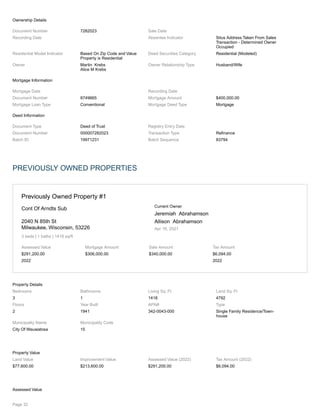 Ownership Details
Document Number 7282023 Sale Date
Recording Date Absentee Indicator Situs Address Taken From Sales
Transaction - Determined Owner
Occupied
Residential Model Indicator Based On Zip Code and Value
Property is Residential
Deed Securities Category Residential (Modeled)
Owner Martin Krebs
Alice M Krebs
Owner Relationship Type Husband/Wife
Mortgage Information
Mortgage Date Recording Date
Document Number 8749665 Mortgage Amount $400,000.00
Mortgage Loan Type Conventional Mortgage Deed Type Mortgage
Deed Information
Document Type Deed of Trust Registry Entry Date
Document Number 000007282023 Transaction Type Refinance
Batch ID 19971231 Batch Sequence 83794
PREVIOUSLY OWNED PROPERTIES
Previously Owned Property #1
Cont Of Arndts Sub
2040 N 85th St
Milwaukee, Wisconsin, 53226
3 beds | 1 baths | 1418 sq/ft
Current Owner
Jeremiah Abrahamson
Allison Abrahamson
Apr 16, 2021
Assessed Value
$291,200.00
2022
Mortgage Amount
$306,000.00
Sale Amount
$340,000.00
Tax Amount
$6,094.00
2022
Property Details
Bedrooms
3
Bathrooms
1
Living Sq. Ft
1418
Land Sq. Ft
4792
Floors
2
Year Built
1941
APN#
342-0043-000
Type
Single Family Residence/Town-
house
Municipality Name
City Of Wauwatosa
Municipality Code
15
Property Value
Land Value
$77,600.00
Improvement Value
$213,600.00
Assessed Value (2022)
$291,200.00
Tax Amount (2022)
$6,094.00
Assessed Value
Page 32
 
