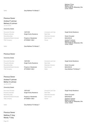 Matthew P Gray
Maraty T Gray
2040 N 85th St, Milwaukee, Wis-
consin, 53226
Seller Gray Matthew P & Maraty T
Previous Owner
Andrew P Lehman
Bethany S Lehman
Jun 26, 2015
Ownership Details
Document Number 10474190 Universal Land Use Single Family Residence
Property Indicator Single Family Residence Sale Date
Recording Date Absentee Indicator Owner Occupied
Residential Model Indicator Property is Residential Sale Amount $248,000.00
Title Company ATTORNEY ONLY Owner Andrew P Lehman
Bethany S Lehman
2040 N 85th St, Milwaukee, Wis-
consin, 53226
Seller Gray Matthew P & Maraty T
Previous Owner
Ownership Details
Document Number 10474190 Universal Land Use Single Family Residence
Property Indicator Single Family Residence Sale Date
Recording Date Absentee Indicator Owner Occupied
Residential Model Indicator Property is Residential Sale Amount $248,000.00
Title Company ATTORNEY ONLY Seller Gray Matthew P & Maraty T
Previous Owner
Andrew P Lehman
Bethan S Lehman
Jun 26, 2015
Ownership Details
Document Number 10474190 Universal Land Use Single Family Residence
Property Indicator Single Family Residence Sale Date
Recording Date Absentee Indicator Owner Occupied
Residential Model Indicator Property is Residential Sale Amount $248,000.00
Title Company ATTORNEY ONLY Owner Andrew P Lehman
Bethan S Lehman
2040 N 85th St, Milwaukee, Wis-
consin, 53226
Seller Gray Matthew P & Maraty T
Previous Owner
Matthew P Gray
Maraty T Gray
Page 35
 