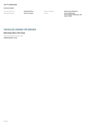 Tom P Aufderheide
Ownership Details
Universal Land Use Residential (Nec) Property Indicator Single Family Residence
Absentee Indicator Owner Occupied Owner Tom P Aufderheide
2040 N 85th St, Milwaukee, Wis-
consin, 53226
VEHICLES OWNED OR DRIVEN
Mercedes-Benz Slk Class
Vehicle Identification Number (VIN)
WDBWK56F86F127449
Page 37
 