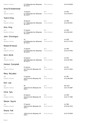 Neighbor Address: 8116 Milwaukee Ave, Milwaukee,
WI, 53213
Phone Number: (414) 475-6338
Anne B Aufderheide
Age: 72 (approx) Born Jul 1950
Neighbor Address: 8116 Milwaukee Ave, Milwaukee,
WI, 53213
Phone Number: (414) 476-2417
Todd A King
Age: 56 (approx) Born Jul 1966
Neighbor Address: 8117 Milwaukee Ave, Milwaukee,
WI, 53213
Phone Number: (414) 453-4241
Amy King
Age: 57 (approx) Born Jul 1965
Neighbor Address: 8117 Milwaukee Ave, Milwaukee,
WI, 53213
Phone Number: (414) 453-4241
John Chirichigno
Age: 93 Born Jul 1929
Neighbor Address: 8109 Milwaukee Ave, Milwaukee,
WI, 53213
Phone Number: (414) 771-4143
Robert B Hauck
Age: 72 (approx) Born Jul 1950
Neighbor Address: 8148 Milwaukee Ave, Milwaukee,
WI, 53213
Phone Number: (414) 231-9784
Ami L Bonk
Age: 52 (approx) Born Jul 1970
Neighbor Address: 8206 Milwaukee Ave, Milwaukee,
WI, 53213
Phone Number: (414) 257-3691
Herbert Campbell
Age: 91 (approx) Born Jul 1931
Neighbor Address: 2017 N 81st St, Milwaukee, WI,
53213
Phone Number: (414) 771-5524
Mary McLellan
Age: 41 (approx) Born Jul 1981
Neighbor Address: 2022 N 81st St, Milwaukee, WI,
53213
Phone Number: (414) 585-0668
Don Lee
Age: 85 Born Sep 1937
Neighbor Address: 2029 N 81st St, Milwaukee, WI,
53213
Phone Number: (414) 774-4897
Chris Tyre
Age: 64 (approx) Born Jul 1958
Neighbor Address: 2034 N 81st St, Milwaukee, WI,
53213
Phone Number: (414) 771-1693
Steven Squire
Age: 57 (approx) Born Jul 1965
Neighbor Address: 2044 N 81st St, Milwaukee, WI,
53213
Phone Number: (414) 257-1875
Shane Fell
Neighbor Address: 1949 N 81st St, Milwaukee, WI,
53213
Phone Number: (414) 774-8878
Page 9
 