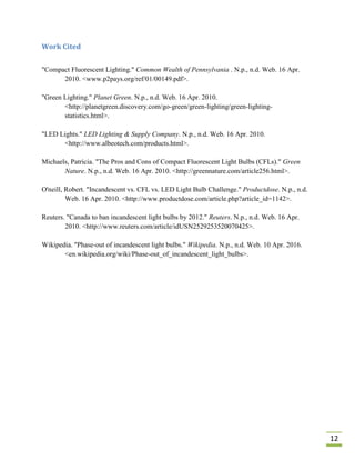Work Cited


"Compact Fluorescent Lighting." Common Wealth of Pennsylvania . N.p., n.d. Web. 16 Apr.
      2010. <www.p2pays.org/ref/01/00149.pdf>.

"Green Lighting." Planet Green. N.p., n.d. Web. 16 Apr. 2010.
       <http://planetgreen.discovery.com/go-green/green-lighting/green-lighting-
       statistics.html>.

"LED Lights." LED Lighting & Supply Company. N.p., n.d. Web. 16 Apr. 2010.
      <http://www.albeotech.com/products.html>.

Michaels, Patricia. "The Pros and Cons of Compact Fluorescent Light Bulbs (CFLs)." Green
       Nature. N.p., n.d. Web. 16 Apr. 2010. <http://greennature.com/article256.html>.

O'neill, Robert. "Incandescent vs. CFL vs. LED Light Bulb Challenge." Productdose. N.p., n.d.
         Web. 16 Apr. 2010. <http://www.productdose.com/article.php?article_id=1142>.

Reuters. "Canada to ban incandescent light bulbs by 2012." Reuters. N.p., n.d. Web. 16 Apr.
        2010. <http://www.reuters.com/article/idUSN2529253520070425>.

Wikipedia. "Phase-out of incandescent light bulbs." Wikipedia. N.p., n.d. Web. 10 Apr. 2016.
       <en.wikipedia.org/wiki/Phase-out_of_incandescent_light_bulbs>.




                                                                                                12
 