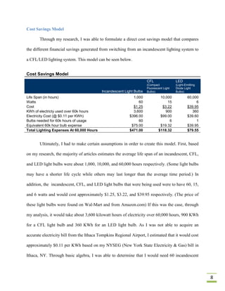Cost Savings Model

       Through my research, I was able to formulate a direct cost savings model that compares

the different financial savings generated from switching from an incandescent lighting system to

a CFL/LED lighting system. This model can be seen below.


Cost Savings Model
                                                                      CFL                 LED
                                                                      (Compact            (Light-Emitting
                                                                      Fluorescent Light   Diode Light
                                           Incandescent Light Bulbs   Bulbs)              Bulbs)
Life Span (in hours)                                         1,000             10,000              60,000
Watts                                                           60                 15                   6
Cost                                                         $1.25              $3.22              $39.95
KWh of electricty used over 60k hours                        3,600                900                 360
Electricity Cost (@ $0.11 per KWh)                         $396.00             $99.00              $39.60
Bulbs needed for 60k hours of usage                             60                  6                   1
Equivalent 60k hour bulb expense                            $75.00             $19.32              $39.95
Total Lighting Expenses At 60,000 Hours                    $471.00            $118.32              $79.55


       Ultimately, I had to make certain assumptions in order to create this model. First, based

on my research, the majority of articles estimates the average life span of an incandescent, CFL,

and LED light bulbs were about 1,000, 10,000, and 60,000 hours respectively. (Some light bulbs

may have a shorter life cycle while others may last longer than the average time period.) In

addition, the incandescent, CFL, and LED light bulbs that were being used were to have 60, 15,

and 6 watts and would cost approximately $1.25, $3.22, and $39.95 respectively. (The price of

these light bulbs were found on Wal-Mart and from Amazon.com) If this was the case, through

my analysis, it would take about 3,600 kilowatt hours of electricity over 60,000 hours, 900 KWh

for a CFL light bulb and 360 KWh for an LED light bulb. As I was not able to acquire an

accurate electricity bill from the Ithaca Tompkins Regional Airport, I estimated that it would cost

approximately $0.11 per KWh based on my NYSEG (New York State Electricity & Gas) bill in

Ithaca, NY. Through basic algebra, I was able to determine that I would need 60 incandescent




                                                                                                            8
 