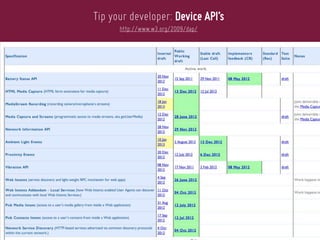 Tip your developer: Device API’s
      http://www.w3.org/2009/dap/
 