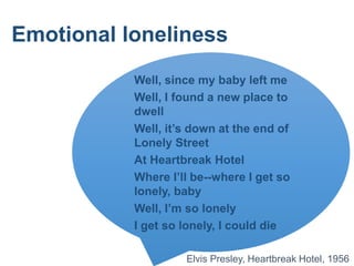 Emotional loneliness
Well, since my baby left me
Well, I found a new place to
dwell
Well, it’s down at the end of
Lonely Street
At Heartbreak Hotel
Where I’ll be--where I get so
lonely, baby
Well, I’m so lonely
I get so lonely, I could die
Elvis Presley, Heartbreak Hotel, 1956
 