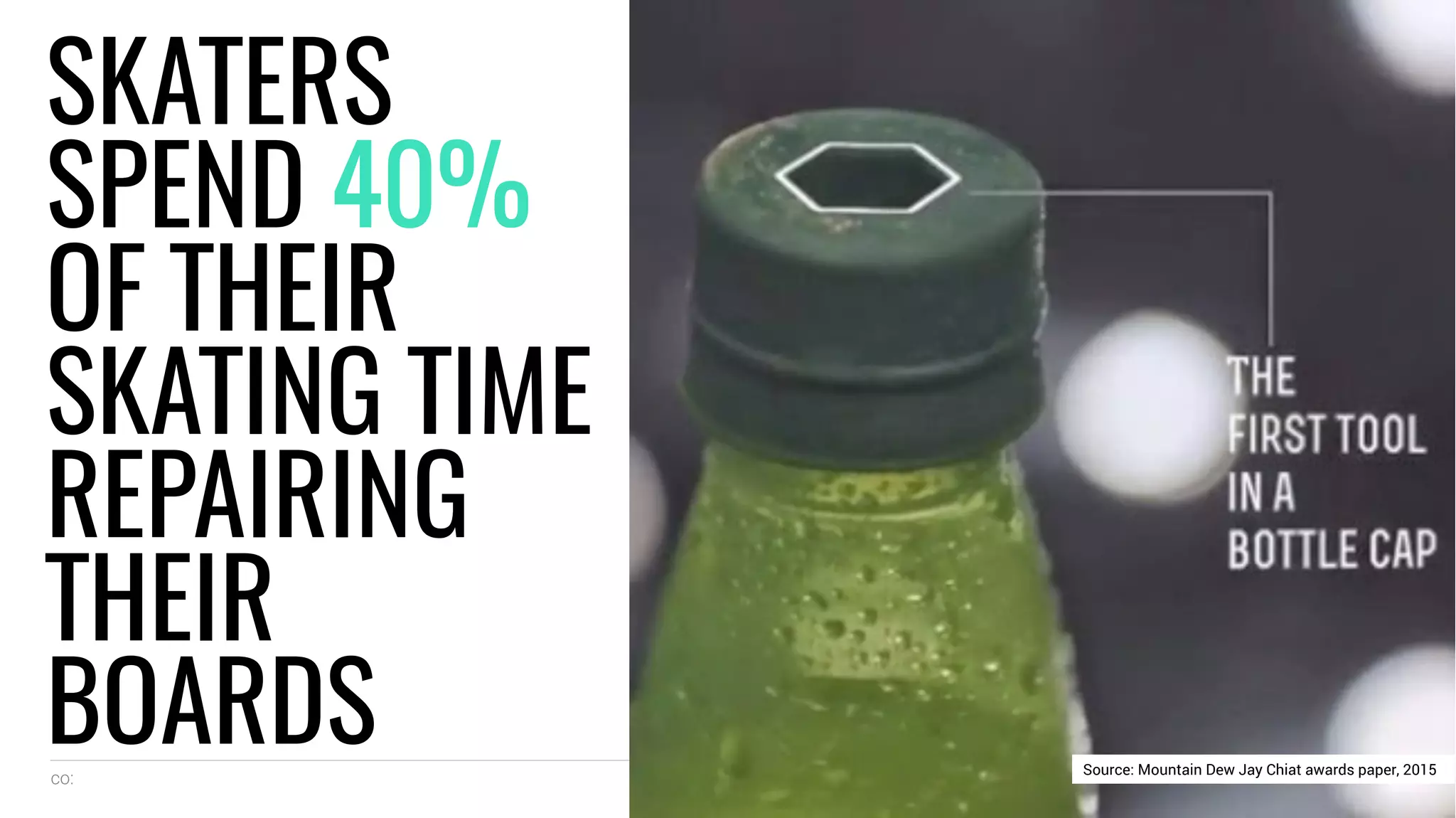 co: 22
SKATERS
SPEND 40%
OF THEIR
SKATING TIME
REPAIRING
THEIR
BOARDS Source: Mountain Dew Jay Chiat awards paper, 2015
 