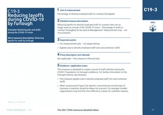 Return to Contents
TOMS HANDBOOK 2021
Jobs
1 Unit of measurement
Percentage of directly employed staff on contract furloughed.
2 Detailed measure description
Reducing layoffs for directly employed staff on contract who can no
longer work as a result of the COVID-19 crisis – Percentage of staff on
contract furloughed (to be used at Management / Measurement only – not
Procurement).
3 Important points
» For measurement only – not target-setting.
» Applies only to directly employed staff (not sub-contractor staff).
4 Proxy description and rationale
Not applicable – this measure is Record Only.
5 Guidance / application notes
This measure is designed to create a record of staff retention during the
COVID-19 pandemic on furlough conditions. For further information on the
furlough scheme, see Glossary.
» This measure applies only to directly employed staff (not sub-contractor
staff).
» When assessing the figure, the specific circumstances and the type of
business in question should be taken into account. For example, smaller
organisations may find this more difficult to sustain for cashflow reasons.
C19-3
Reducing layoffs
during COVID-19
by furlough
Outcome: Retaining jobs and skills
during the COVID-19 crisis
Short measure description: Reducing
layoffs for staff by furlough
C19-3
The 2021 TOMs measures detailed tables 127
 