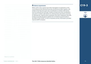 Return to Contents
TOMS HANDBOOK 2021
Jobs
6 Evidence requirements
Where staff on the contract have been furloughed, an explanation of the
circumstances that affected those jobs should be provided, together with
evidence that they have given due consideration to realistic alternatives
(such as reduced time and pay). Evidence should show that consideration
was given to realistic alternatives for retaining those jobs before resorting
to redundancies. Specify where employees have been redeployed internally.
Evidence provided should be applied and considered proportionately to
the effect of the COVID-19 crisis on business activity. Information provided
must be GDPR compliant.
C19-3
The 2021 TOMs measures detailed tables 128
 