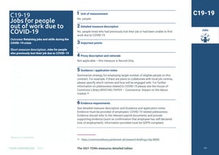 Return to Contents
TOMS HANDBOOK 2021
Jobs
1 Unit of measurement
No. people.
2 Detailed measure description
No. people hired who had previously lost their job or had been unable to find
work due to COVID-19.
3 Important points
—
4 Proxy description and rationale
Not applicable – this measure is Record Only.
5 Guidance / application notes
Summarise strategy for employing target number of eligible people on this
contract. For example, if there are plans to collaborate with local job centres,
please specify which centres and how will be engaged with. For further
information on joblessness related to COVID-19 please see the House of
Commons Library BRIEFING PAPER – Coronavirus: Impact on the labour
market.36
6 Evidence requirements
See detailed measure description and Guidance and application notes.
Evidence must be provided of employees’ COVID-19 related joblessness.
Evidence should refer to the relevant payroll documents and provide
supporting evidence (such as confirmation that employee has self-declared
loss of employment). Information provided must be GDPR compliant.
36 https://commonslibrary.parliament.uk/research-briefings/cbp-8898/
C19-19
C19-19
Jobs for people
out of work due to
COVID-19
Outcome: Retaining jobs and skills during the
COVID-19 crisis
Short measure description: Jobs for people
who previously lost their job due to COVID-19
The 2021 TOMs measures detailed tables 131
 