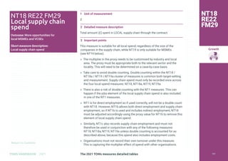 Return to Contents
Growth
Return to Contents
TOMS HANDBOOK 2021
1 Unit of measurement
£
2 Detailed measure description
Total amount (£) spent in LOCAL supply chain through the contract.
3 Important points
This measure is suitable for all local spend, regardless of the size of the
companies in the supply chain, while NT19 is only suitable for MSMEs
(see NT19 below).
» The multiplier in the proxy needs to be customised by industry and local
area. The proxy must be appropriate both to the relevant sector and the
locality. This will need to be determined on a case-by-case basis.
» Take care to avoid double counting. Double counting within the NT18 /
NT18a / NT19 / NT19a cluster of measures is common both target-setting
and measurement. Supply chain spend must only be recorded once across
the four local spend measures: NT18, NT18a, NT19, NT19a.
» There is also a risk of double counting with the NT1 measures. This can
happen if the jobs element of the local supply chain spend is also included
in one of the NT1 measures.
» NT1 is for direct employment so if used correctly, will not be a double count
with NT18. However, NT1b allows both direct employment and supply chain
employment, so if NT1b is used and includes indirect employment, NT18
must be adjusted accordingly using the proxy value for NT1b to remove this
element of local supply chain spend.
» Similarly, NT1c also records supply chain employment and must not
therefore be used in conjunction with any of the following measures:
NT18, NT18a, NT19, NT19a unless double counting is accounted for as
described above, because this spend also includes employment costs.
» Organisations must not record their own turnover under this measure.
This is capturing the multiplier effect of spend with other organisations.
NT18
RE22
FM29
NT18 RE22 FM29
Local supply chain
spend
Outcome: More opportunities for
local MSMEs and VCSEs
Short measure description:
Local supply chain spend
The 2021 TOMs measures detailed tables 141
 
