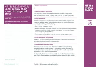 Return to Contents
Growth
Return to Contents
TOMS HANDBOOK 2021
1 Unit of measurement
£
2 Detailed measure description
Total amount (£) spent through the contract in specified sub-localities
(e.g. high deprivation areas) – please refer to list for the qualifying areas.
3 Important points
The list of targeted sub-localities is provided on a project by project basis.
These will be areas (wards, postcodes, etc.) within the procuring authority
boundary (most likely a local authority).
» See NT18 for Important Points.
» Refer to reminders on double counting for NT18. Spend included under this
measure should not also be counted under any of the other local spend
measures (NT18, NT18a, NT19a)
» Any procurement weighting must be removed during measurement.
4 Proxy description and rationale
See NT18. If a procurement weighting is applied to this measure for target-
setting, it must be removed for measurement.
5 Guidance and application notes
This measure can be used as an alternative to NT18 for target-setting
or measurement in connection with a specified list of sub-localities, i.e.
smaller designated areas within the wider boundary (wards or postcode
areas within a local authority, for instance).
Most typically, this measure will be used by local authorities in connection
with a list of sub-local areas that the authority has deemed to be in greater
NT18a RE22a FM29a
Local supply chain
spend in targeted
areas
Outcome: More opportunities for local MSMEs
and VCSEs
Short measure description: Local supply
chain spend
The 2021 TOMs measures detailed tables 143
NT18a
RE22a
FM29a
 