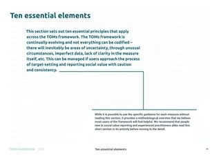 Ten essential elements
TOMS HANDBOOK 2021 15

Ten essential elements
This section sets out ten essential principles that apply
across the TOMs framework. The TOMs framework is
continually evolving and not everything can be codified –
there will inevitably be areas of uncertainty, through unusual
circumstances, imperfect data, lack of clarity in the measure
itself, etc. This can be managed if users approach the process
of target-setting and reporting social value with caution
and consistency.
While it is possible to use the specific guidance for each measure without
reading this section, it provides a methodological overview that we believe
most users of the framework will find helpful. We recommend that people
new to social value reporting and experienced practitioners alike read this
short section in its entirety before moving to the detail.
 