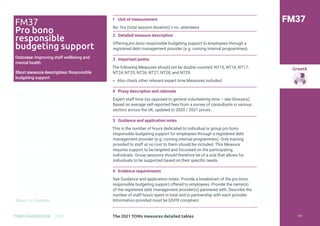 Return to Contents
Growth
Return to Contents
TOMS HANDBOOK 2021
1 Unit of measurement
No. hrs (total session duration) × no. attendees
2 Detailed measure description
Offering pro bono responsible budgeting support to employees through a
registered debt management provider (e.g. running internal programmes).
3 Important points
The following Measures should not be double counted: NT15, NT16, NT17,
NT24, NT25, NT26, NT27, NT28, and NT29.
» Also check other relevant expert time Measures included.
4 Proxy description and rationale
Expert staff time (as opposed to general volunteering time – see Glossary).
Based on average self-reported fees from a survey of consultants in various
sectors across the UK, updated to 2020 / 2021 prices.
5 Guidance and application notes
This is the number of hours dedicated to individual or group pro bono
responsible budgeting support for employees through a registered debt
management provider (e.g. running internal programmes). Only training
provided to staff at no cost to them should be included. This Measure
requires support to be targeted and focussed on the participating
individuals. Group sessions should therefore be of a size that allows for
individuals to be supported based on their specific needs.
6 Evidence requirements
See Guidance and application notes. Provide a breakdown of the pro bono
responsible budgeting support offered to employees. Provide the name(s)
of the registered debt management provider(s) partnered with. Describe the
number of staff hours spent in total and in partnership with each provider.
Information provided must be GDPR compliant.
FM37
FM37
Pro bono
responsible
budgeting support
Outcome: Improving staff wellbeing and
mental health
Short measure description: Responsible
budgeting support
The 2021 TOMs measures detailed tables 157
 