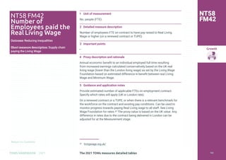Return to Contents
Growth
Return to Contents
TOMS HANDBOOK 2021
1 Unit of measurement
No. people (FTE).
2 Detailed measure description
Number of employees FTE on contract to have pay raised to Real Living
Wage or higher (on a renewed contract or TUPE).
3 Important points
—
4 Proxy description and rationale
Annual economic benefit to an individual employed full time resulting
from increased earnings calculated conservatively based on the UK real
living wage (lower than the London living wage) as set by the Living Wage
Foundation based on estimated difference in benefit between real Living
Wage and Minimum Wage.
5 Guidance and application notes
Provide estimated number of applicable FTEs on employment contract.
Specify which rates will apply (UK or London rate).
On a renewed contract or a TUPE, or when there is a relevant benchmark for
the workforce on the contract and existing pay conditions. Can be used to
monitor progress towards paying Real Living wage to all staff. See Living
Wage Foundation for rates.47 The proxy value is based on the UK value. Any
difference in rates due to the contract being delivered in London can be
adjusted for at the Measurement stage.
47 livingwage.org.uk/
NT58
FM42
NT58 FM42
Number of
Employees paid the
Real Living Wage
Outcome: Reducing inequalities
Short measure description: Supply chain
paying the Living Wage
The 2021 TOMs measures detailed tables 165
 