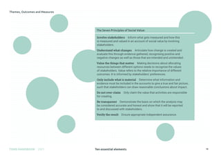 Ten essential elements
TOMS HANDBOOK 2021 18
The Seven Principles of Social Value:
Involve stakeholders Inform what gets measured and how this
is measured and valued in an account of social value by involving
stakeholders.
Understand what changes Articulate how change is created and
evaluate this through evidence gathered, recognising positive and
negative changes as well as those that are intended and unintended.
Value the things that matter Making decisions about allocating
resources between different options needs to recognise the values
of stakeholders. Value refers to the relative importance of different
outcomes. It is informed by stakeholders’ preferences.
Only include what is material Determine what information and
evidence must be included in the accounts to give a true and fair picture,
such that stakeholders can draw reasonable conclusions about impact.
Do not over-claim Only claim the value that activities are responsible
for creating.
Be transparent Demonstrate the basis on which the analysis may
be considered accurate and honest and show that it will be reported
to and discussed with stakeholders.
Verify the result Ensure appropriate independent assurance.
 