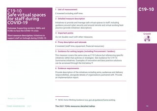 Return to Contents
Growth
Return to Contents
TOMS HANDBOOK 2021
1 Unit of measurement
£ invested including staff time.
2 Detailed measure description
Initiatives to provide and manage safe virtual spaces to staff, including
guidance around cyber security and around remote and virtual working best
practice (provide initiatives’ description).
3 Important points
Do not double count with other measures.
4 Proxy description and rationale
£ invested (staff time, equipment, financial resources).
5 Guidance for setting targets (including Procurement / tenders)
This measure covers the same area as C19-9 above but referencing specific
initiatives rather than policies or strategies. See Guidance for C19-10.
Summarise initiatives. Examples of innovative and best practice solutions
can be accessed through the link below.58
6 Evidence requirements
Provide description of the initiatives including aims, audiences and delivery
responsibilities, alongside details of organisations partnered with. Provide
an implementation report.
58 NCSC Home Working Guidance ncsc.gov.uk/guidance/home-working
C19-10
C19-10
Safe virtual spaces
for staff during
COVID-19
Outcome: Supporting workers, SMEs and
VCSEs to face the COVID-19 crisis
Short measure description: Initiatives to
support staff on furlough during COVID-19
The 2021 TOMs measures detailed tables 182
 
