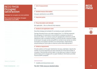 Return to Contents
Social
Return to Contents
The 2021 TOMs measures detailed tables
TOMS HANDBOOK 2021
1 Unit of measurement
No.
2 Detailed measure description
Occupier satisfaction score (NPS).
3 Important points
—
4 Proxy description and rationale
Not applicable – this is a Record Only measure.
5 Guidance and application notes
Describe strategy and workplan for surveying occupier satisfaction.
The Net Promoter Score is an index ranging from 1 to 100 that measures
the willingness of customers to recommend a company’s products or
services to others. It is used as a proxy for gauging the customer’s overall
satisfaction with a company’s product or service and the customer’s loyalty
to the brand. Occupier survey using NPS (or similar) to be carried out within
18 months of occupation and then on an annual basis. Organisations
should develop an action plan to improve scores where appropriate.61
6 Evidence requirements
Provide evidence of Occupier Satisfaction Surveys undertaken. Specify the
number of survey responses you have received out of the total number of
occupiers. Demonstrate actions taken or new plans put in place to improve
performance and to engage with occupier feedback. Information provided
must be GDPR compliant.
61 medallia.com/net-promoter-score/
RE35
FM58
RE35 FM58
Occupier
satisfaction
Outcome: Our occupiers are more satisfied
Short measure description: Occupier
satisfaction score (NPS)
199
 