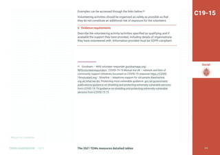 Return to Contents
Social
Return to Contents
The 2021 TOMs measures detailed tables
TOMS HANDBOOK 2021
Examples can be accessed through the links below.63
Volunteering activities should be organised as safely as possible so that
they do not constitute an additional risk of exposure for the volunteers.
6 Evidence requirements
Describe the volunteering activity/activities specified as qualifying, and if
available the support they have provided, including details of organisations
they have volunteered with. Information provided must be GDPR compliant.
63 Goodsam – NHS volunteer responder goodsamapp.org/
NHSvolunteerresponders ; COVID-19-19 Mutual Aid UK – network and lists of
community support initiatives focussed on COVID-19 response https://COVID-
19mutualaid.org/ ; Silverline – telephone support for old people thesilverline.
org.uk/what-we-do/ Protecting most vulnerable guidance: gov.uk/government/
publications/guidance-on-shielding-and-protecting-extremely-vulnerable-persons-
from-COVID-19-19/guidance-on-shielding-and-protecting-extremely-vulnerable-
persons-from-COVID-19-19
C19-15
203
 