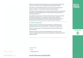 Return to Contents
Environment
Return to Contents
Reduction should be measured against a pre-existing baseline that is at a
minimum in line with a net zero greenhouse gas emissions target.
Information on the applied baseline must be provided, including how it
relates to medium – to long-term net zero emissions targets.
Installations that participate within the EU ETS and grid electricity should be
recorded and valued separately as per BEIS Supplementary Guidance to
HM Green Book 2017.71
Describe the programmes or initiatives that will be put in place to achieve
the identified savings in CO2 emissions on the contract, including
timeframes. See application notes above. Specify and evidence the pre-
existing baseline that will be used to measure savings/reductions.
6 Evidence requirements
Carbon reductions should be evidenced through an independent and
verifiable process (such as Planet Mark72 Certification or equivalent).
There is an expectation for independently assured and audited reports
to be provided.
Specify and evidence the pre-existing baseline that has been used to
measure savings/reductions and ensure the baseline is deducted from the
figures reported.
71 Ditto
72 planetmark.com/
NT31
FM30
212
The 2021 TOMs measures detailed tables
TOMS HANDBOOK 2021
 