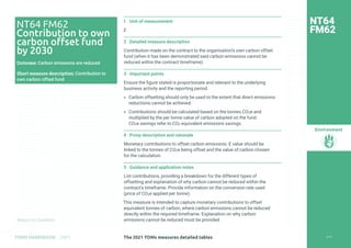Return to Contents
Environment
Return to Contents
1 Unit of measurement
£
2 Detailed measure description
Contribution made on the contract to the organisation’s own carbon offset
fund (when it has been demonstrated said carbon emissions cannot be
reduced within the contract timeframe).
3 Important points
Ensure the figure stated is proportionate and relevant to the underlying
business activity and the reporting period.
» Carbon offsetting should only be used to the extent that direct emissions
reductions cannot be achieved.
» Contributions should be calculated based on the tonnes CO2e and
multiplied by the per tonne value of carbon adopted on the fund.
CO2e savings refer to CO2 equivalent emissions savings.
4 Proxy description and rationale
Monetary contributions to offset carbon emissions. £ value should be
linked to the tonnes of CO2e being offset and the value of carbon chosen
for the calculation.
5 Guidance and application notes
List contributions, providing a breakdown for the different types of
offsetting and explanation of why carbon cannot be reduced within the
contract’s timeframe. Provide information on the conversion rate used
(price of CO2e applied per tonne).
This measure is intended to capture monetary contributions to offset
equivalent tonnes of carbon, where carbon emissions cannot be reduced
directly within the required timeframe. Explanation on why carbon
emissions cannot be reduced must be provided.
NT64
FM62
NT64 FM62
Contribution to own
carbon offset fund
by 2030
Outcome: Carbon emissions are reduced
Short measure description: Contribution to
own carbon offset fund
214
The 2021 TOMs measures detailed tables
TOMS HANDBOOK 2021
 