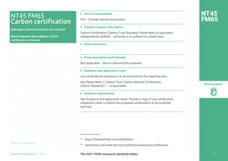 Return to Contents
Environment
Return to Contents
1 Unit of measurement
Y/N – Provide relevant documents
2 Detailed measure description
Carbon Certification (Carbon Trust Standard, Planet Mark or equivalent
independently verified) – achieved or to achieve for current year.
3 Important points
—
4 Proxy description and rationale
Not applicable – this is a Record Only measure.
5 Guidance and application notes
List certifications achieved or to be achieved for the reporting year.
See Planet Mark,73 Carbon Trust (Carbon Neutral Certification,
Carbon Standard)74 – or equivalent.
6 Evidence requirements
See Guidance and application notes. Provide a copy of any certification
achieved to date or outline the proposed certifications to be achieved
and how.
73 https://theplanetmark.com/certification/
74 carbontrust.com/client-services/certification/assurance-certification/
NT45
FM65
NT45 FM65
Carbon certification
Outcome: Carbon emissions are reduced
Short measure description: Carbon
certification achieved
216
The 2021 TOMs measures detailed tables
TOMS HANDBOOK 2021
 